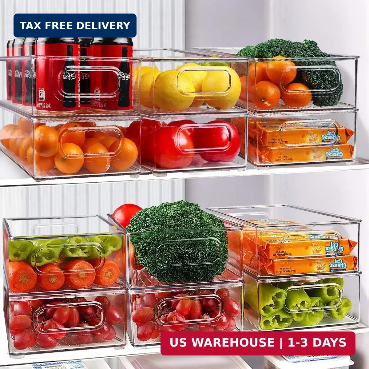Stackable Refrigerator Organizer Bins, 6 Pack Clear Kitchen Organizer Container