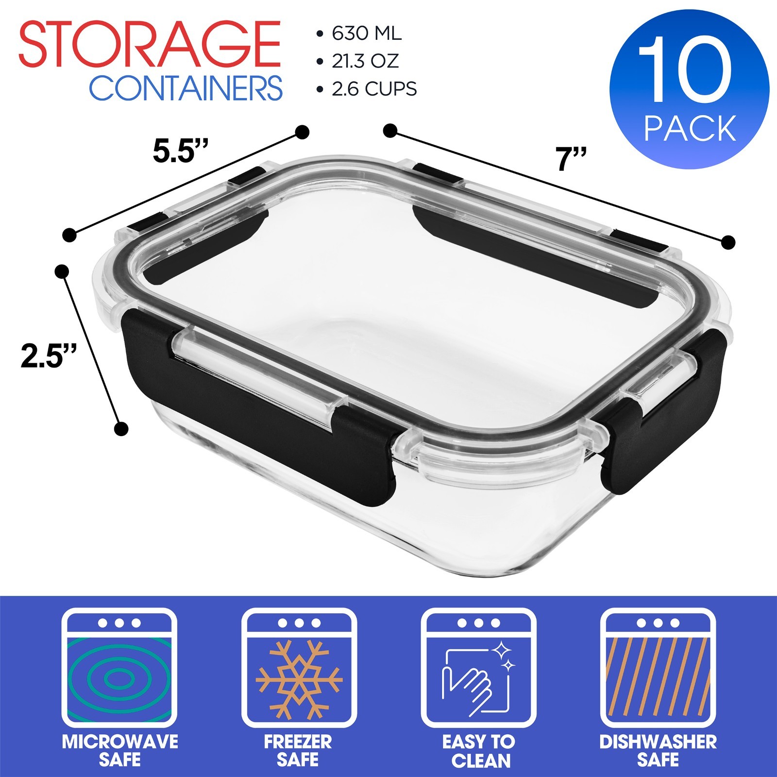 Sorbus Glass Meal Prep Containers with Airtight Lids – 10 Pack