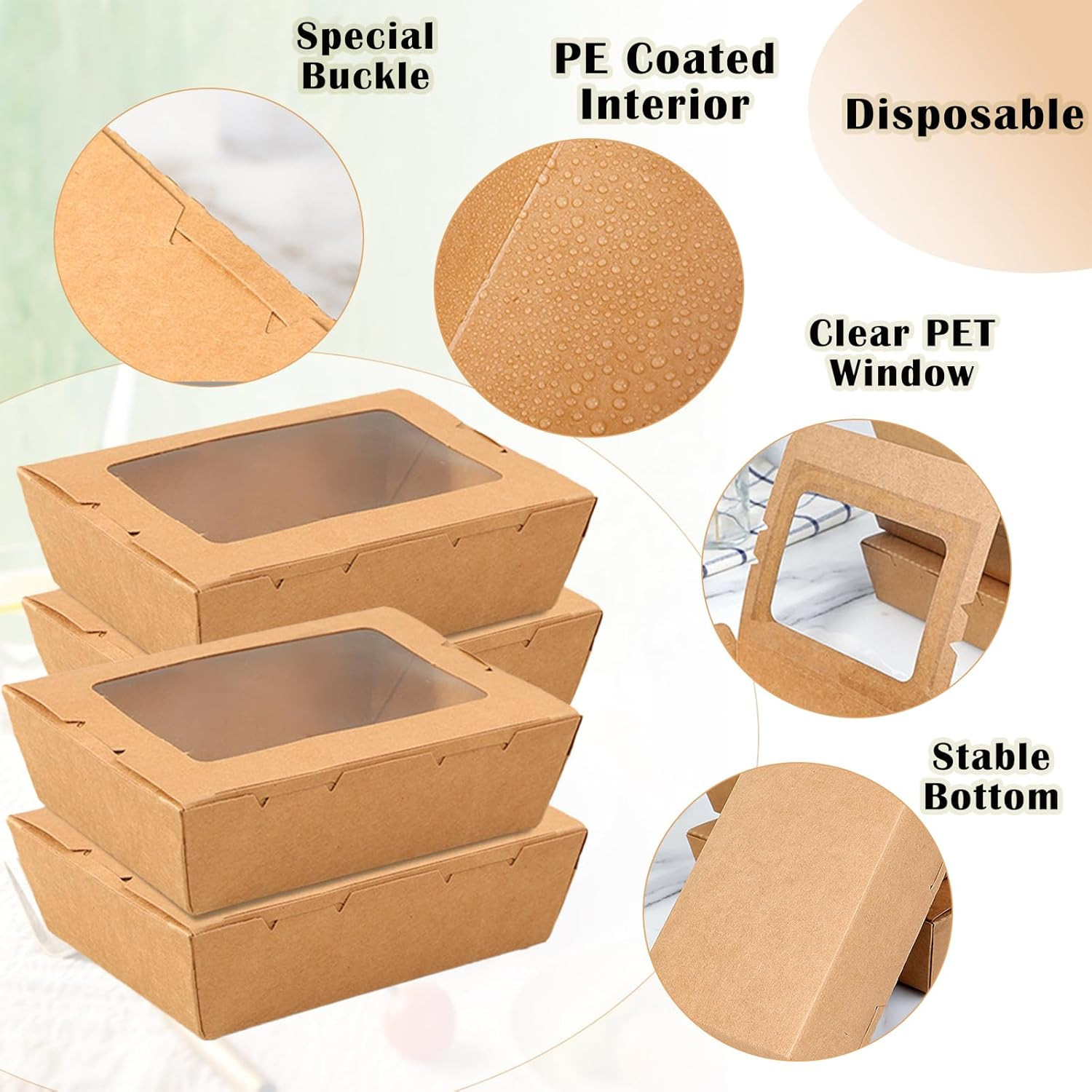 50 Pack Take Out Food Containers with Window 40 Oz Kraft Paper Food to Go Box
