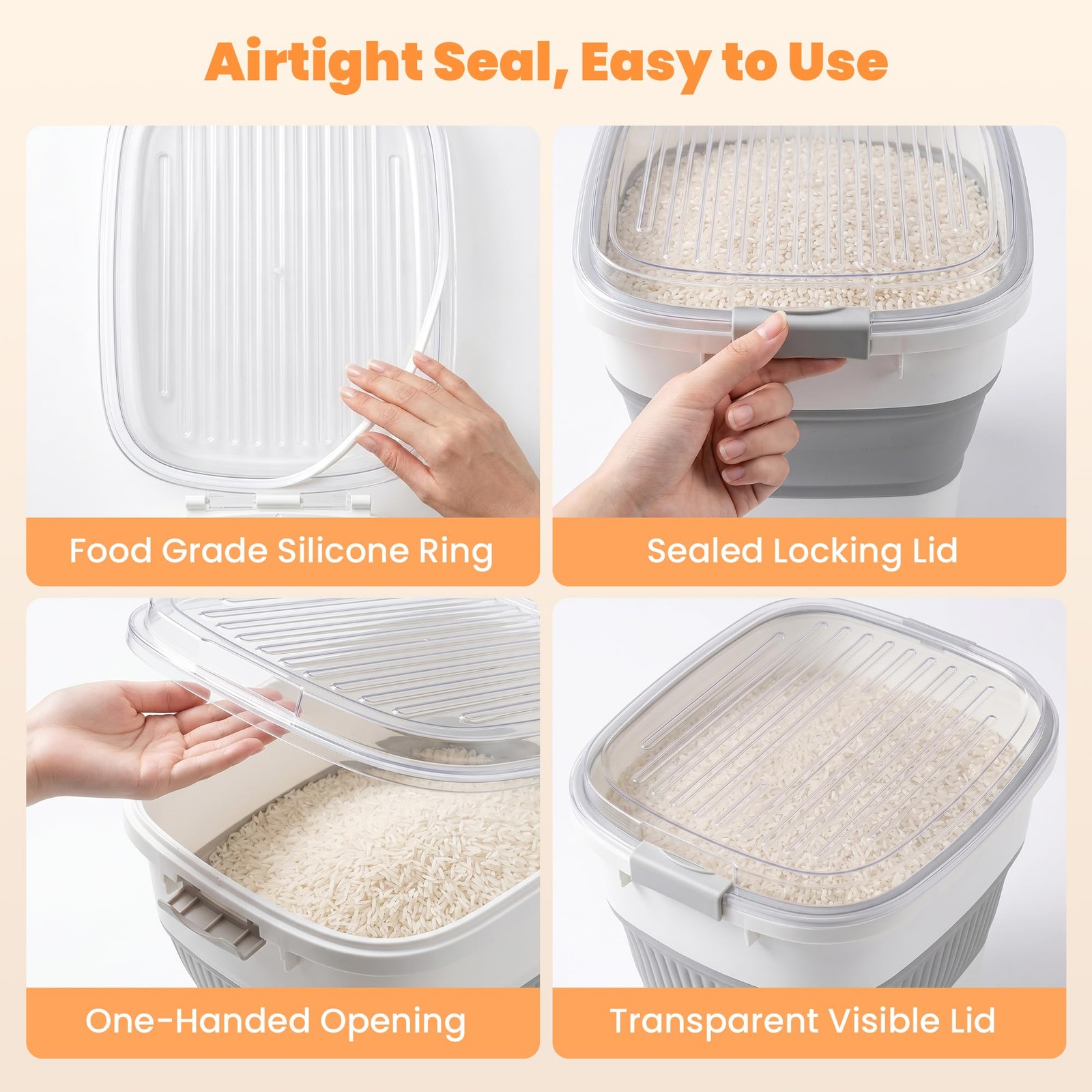 NURYO 50 Lbs Rice Storage Container with Wheels, Large, Grey/50lbs