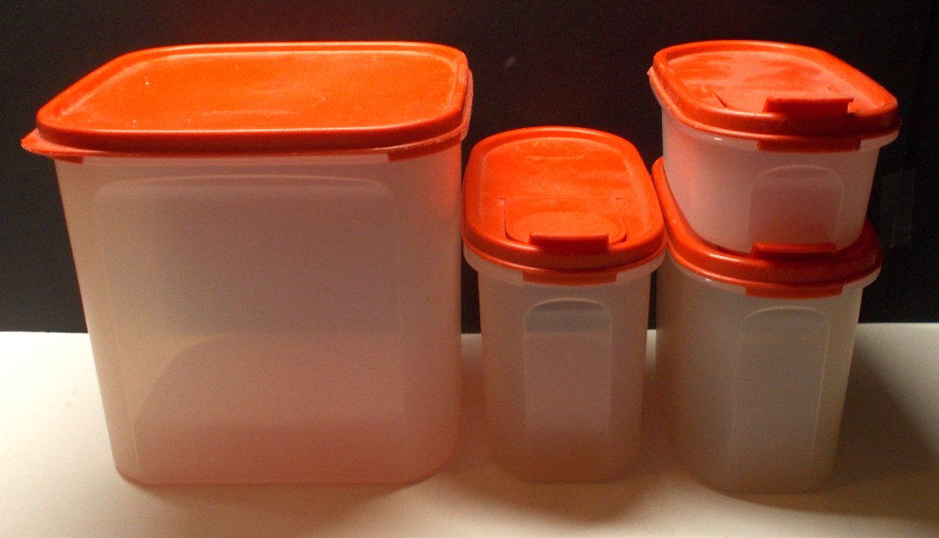 4 Vintage Tupperware Modular Mates 1521 1612 1611 Sheer with Red Pour Spout Lids