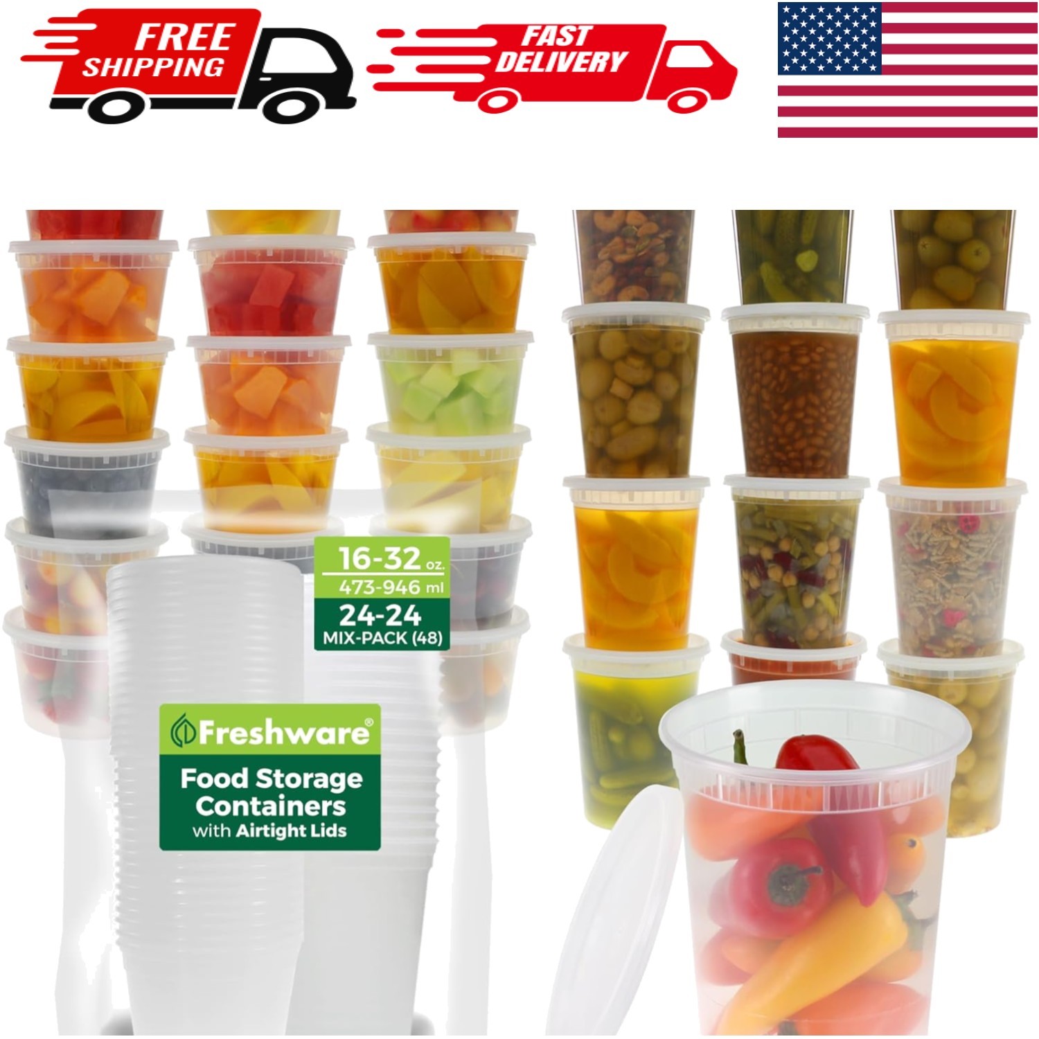 Durable 48-Pack Deli Containers – 16 & 32 Oz, Leakproof & Eco-Friendly Plastic
