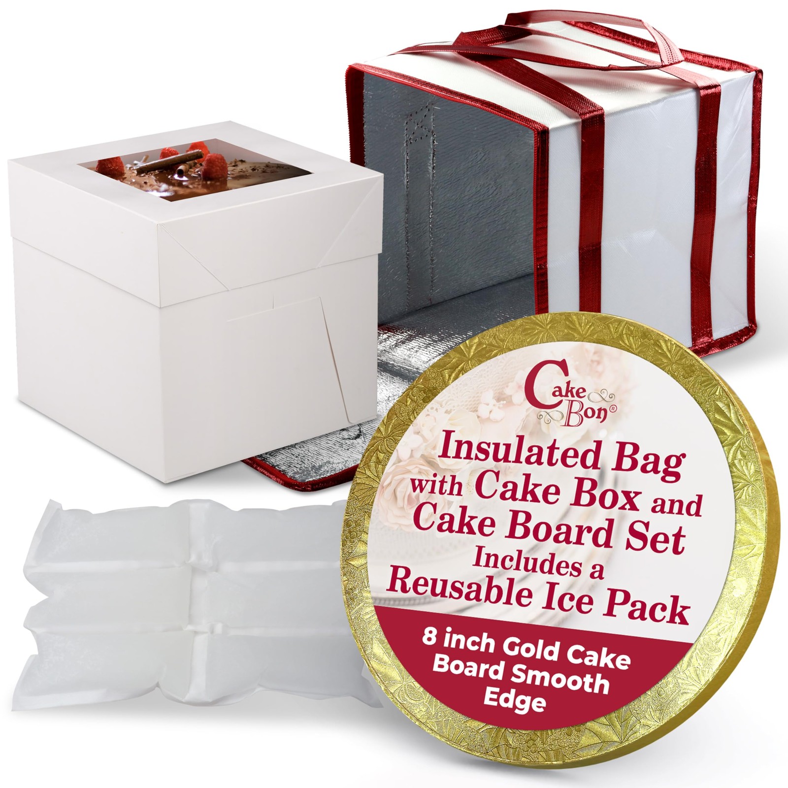 Cake Box and Boards, 8-Inch Round Gold Smooth Edges 1/2- Inch Thick Drums wit…