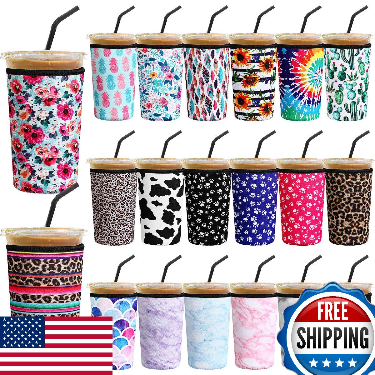 Irenare 20 Pcs Reusable Iced Coffee Sleeve Neoprene Insulator Cup for Cold Drink