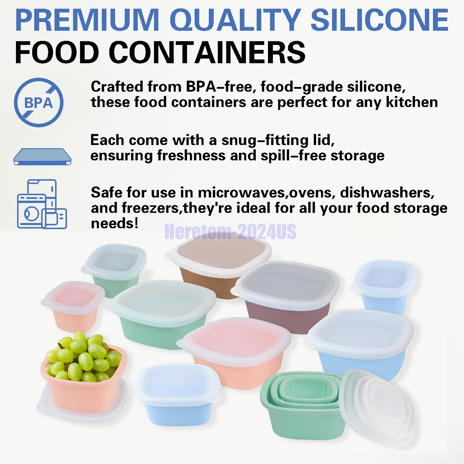 Silicone Food Storage Containers Airtight & Leakproof Set Sealed Lids Green+Pink
