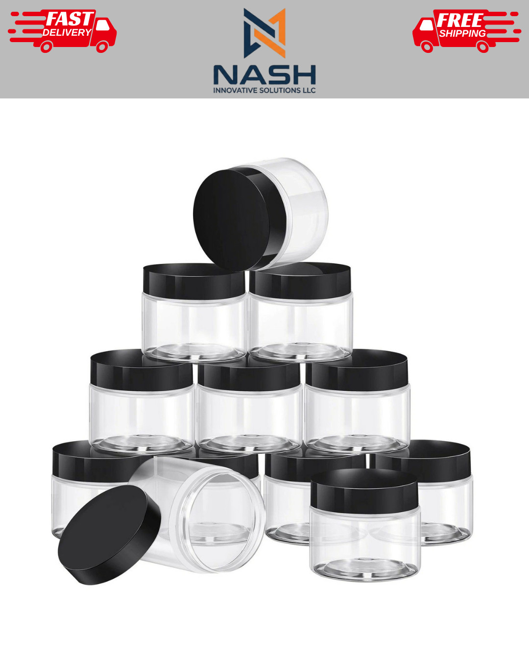20 Pck 2 Oz Clear Plastic Storage Favor Jars Wide-Mouth Containers w/ Black Lids