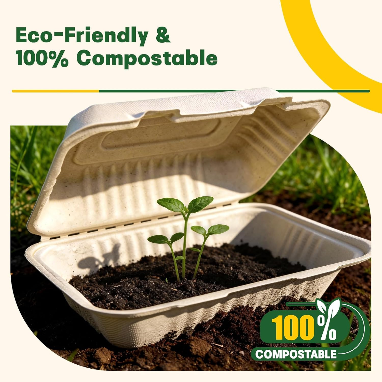 100 Pack Compostable to Go Food Containers 9×6″ | Disposable Clamshell Take Out