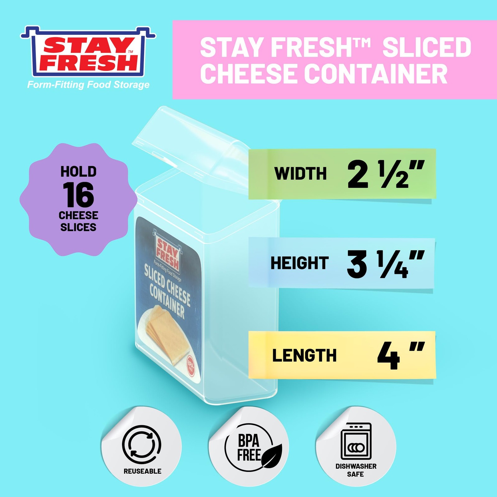 Stay Fresh American Cheese Slice Storage 4″ x 2-1/2″ x 3-1/4″ h, Clear