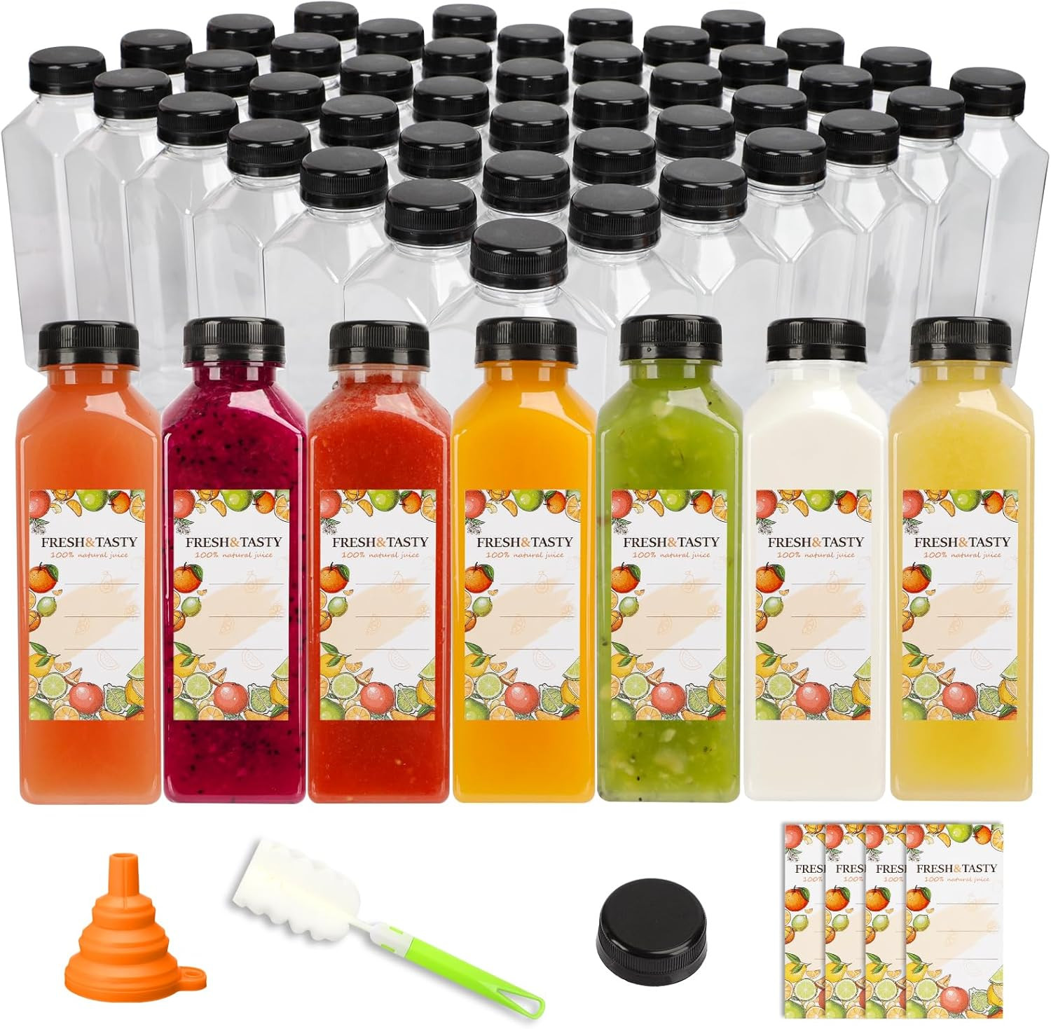 TOMNK 100Pcs 16Oz Plastic Beverage Containers, Black Caps with Label, Funnel and