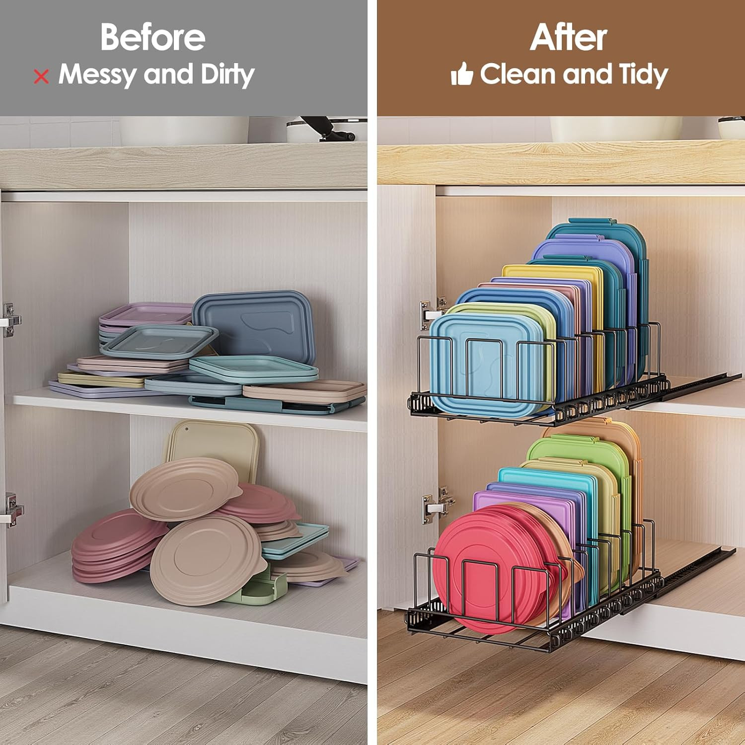 Sliding Lid Organizer for Tupperware – Pull Out Rack with 10 Dividers