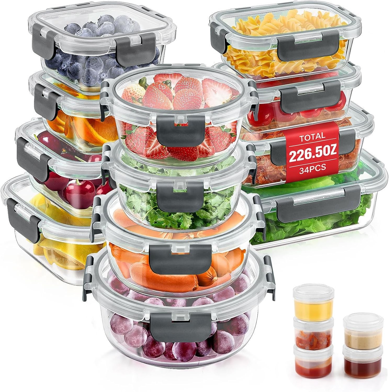 34pcs Glass Food Storage Containers W/ Lids Set Airtight Glass Meal Prep