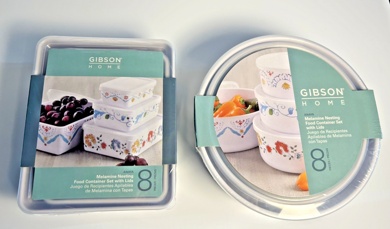 Two sets 8 pc each Gibson Home Anaya Nesting Food Containers w/lids round & rect