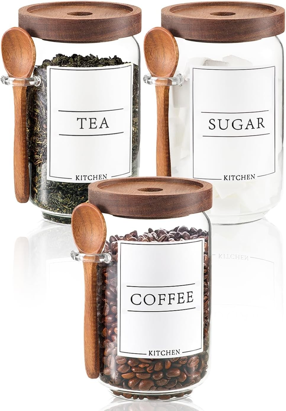 Coffee and Sugar Container Set, Glass Coffee Jars with Wooden Lids and Scoops,