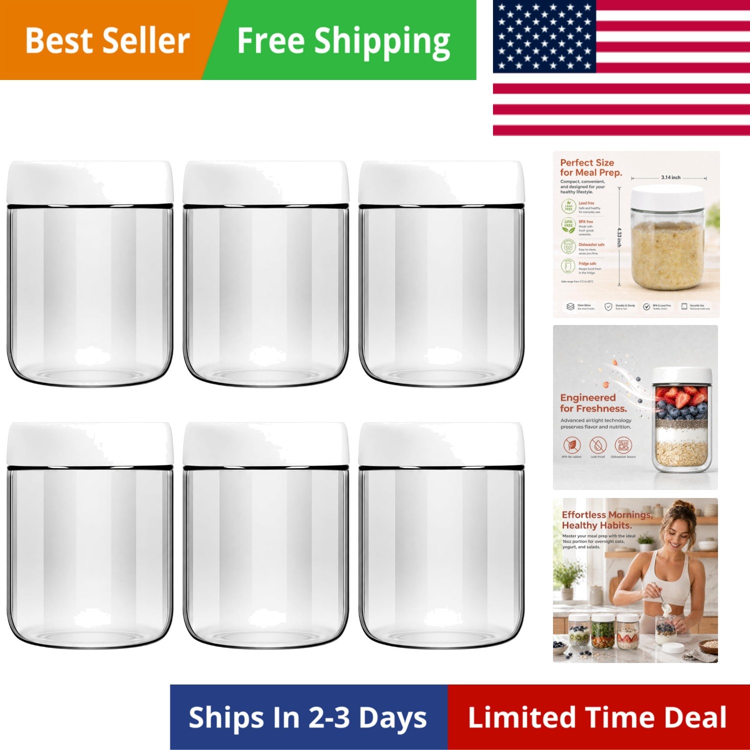 6-Pack 16oz Glass Jars with Lids for Food Storage Meal Prep Airtight