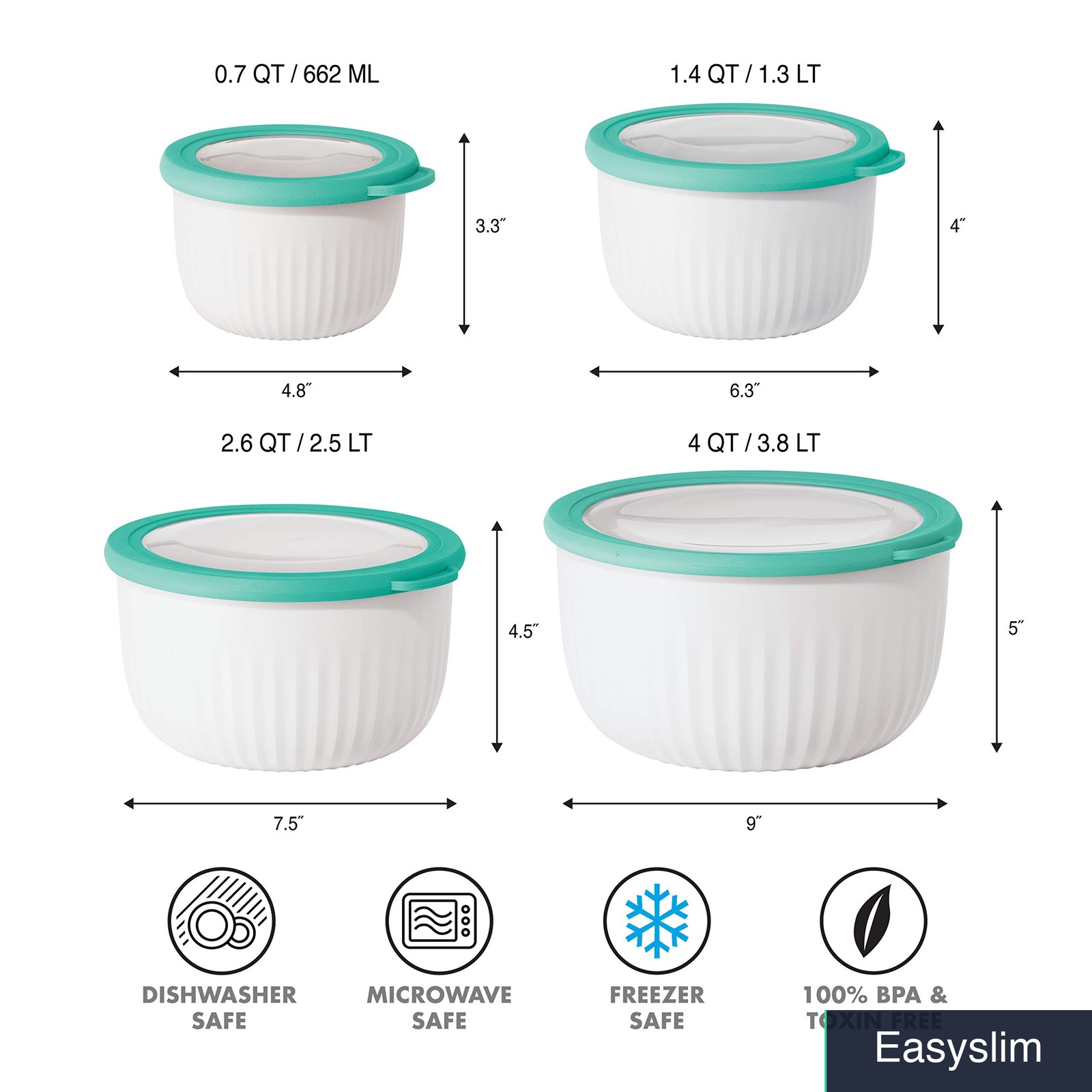 Plastic Food Storage Bowl 1.4 Quart Clear Airtight Lid White Aqua