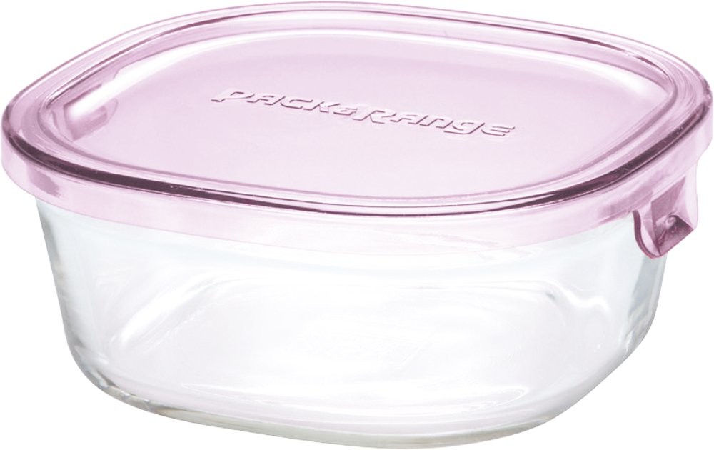 iwaki heat-resistant glass storage container, pink, square, S, 450ml