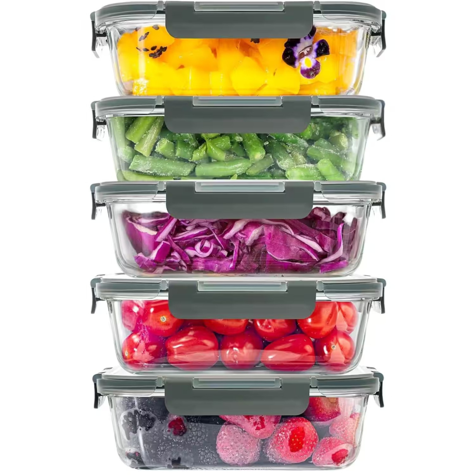 Zulay Kitchen Glass Meal Prep Containers 5 Pack Airtight Lids BPA Free Gray