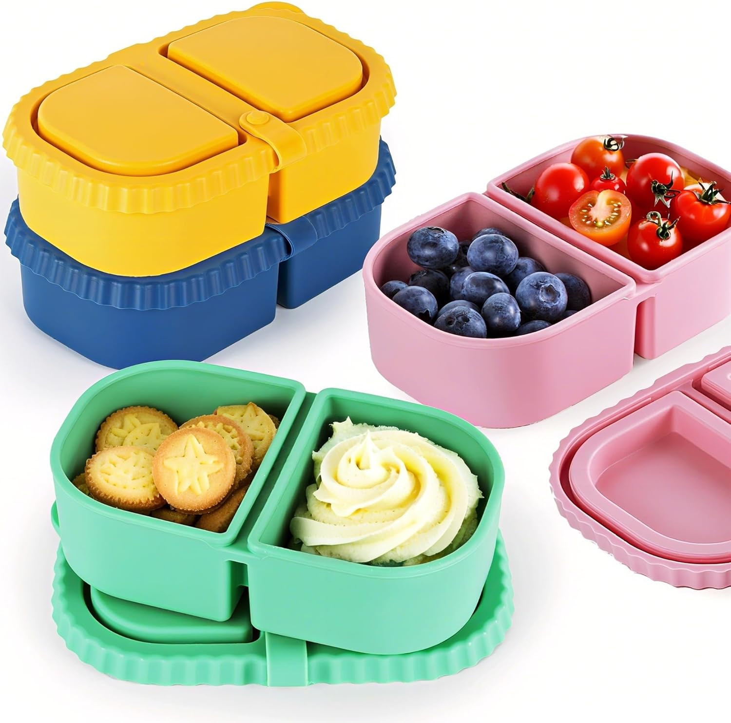 4 Pack Reusable Silicone Snack Containers with Lids, 8.5 Oz Double Compartment C