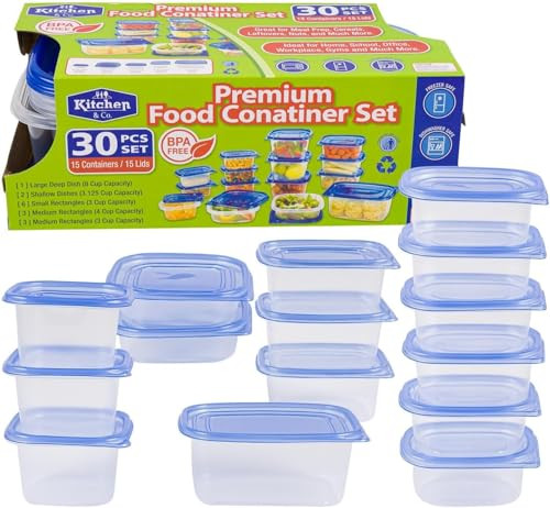 30 Piece Clear Food Container Set w/Lids Microwave Freezer Dishwasher Safe BP…