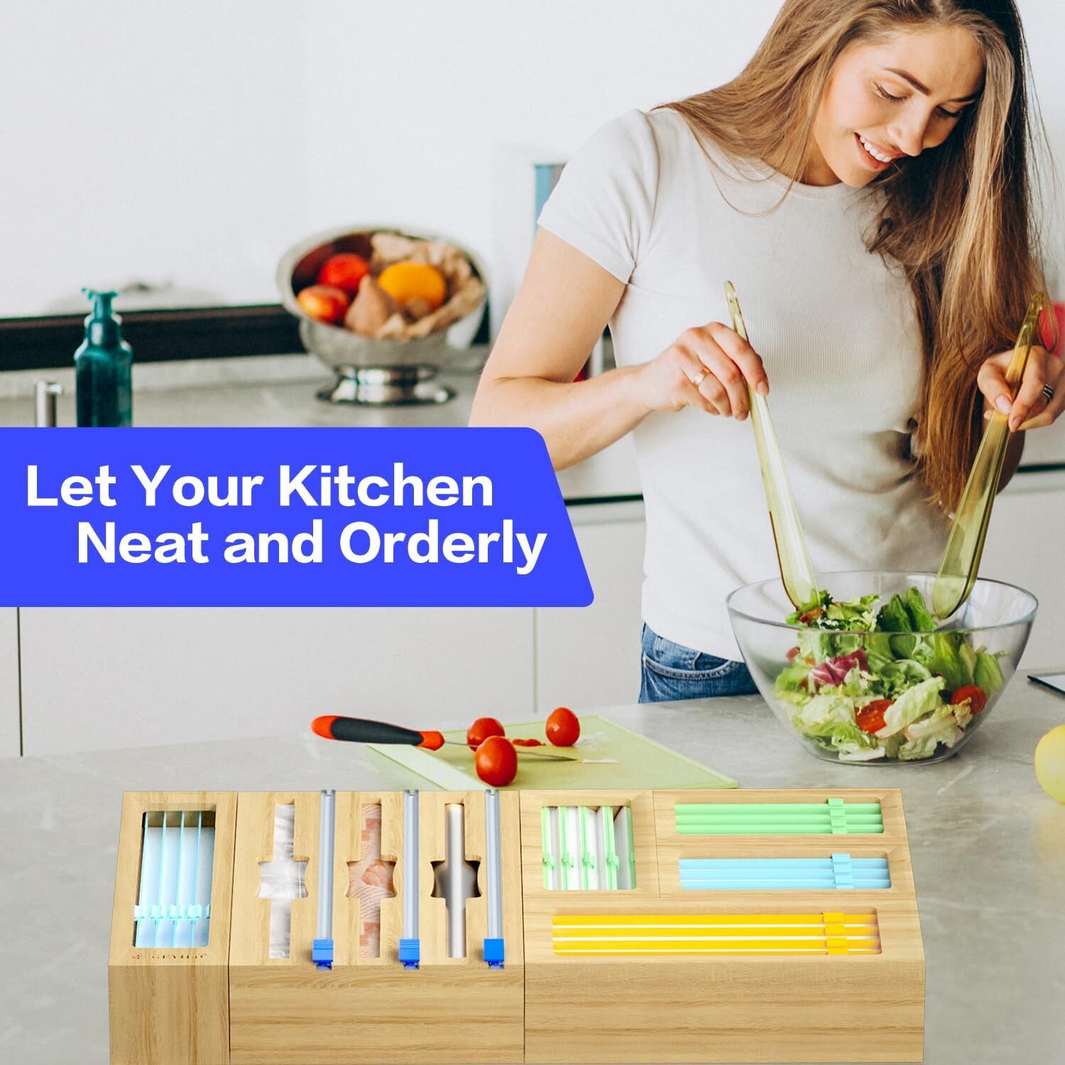 8PCS Bamboo Storage Bag Organizer for Kitchen Drawer With Cutters and Labels