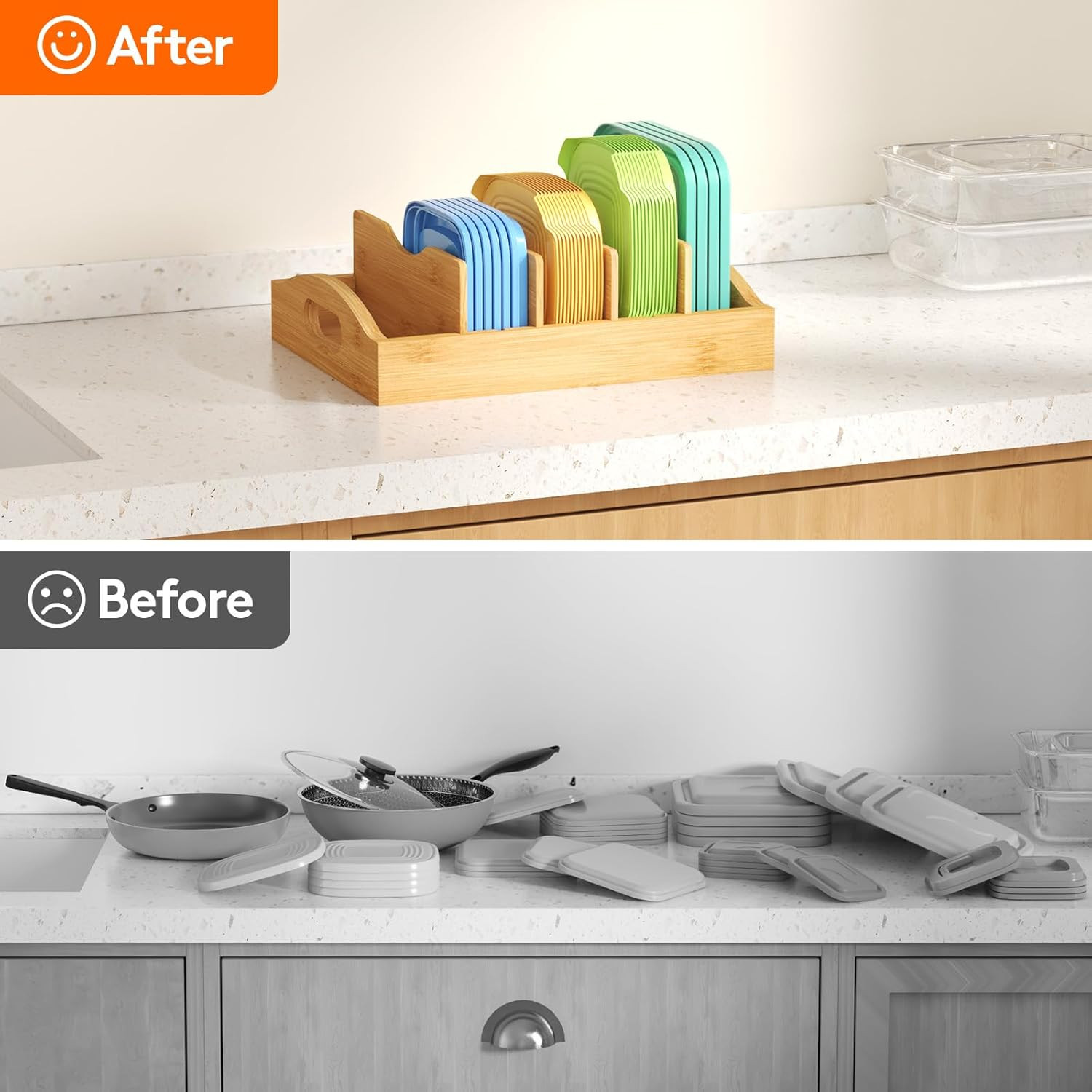 Bamboo Lid Organizers for inside Cabinet, Food Storage Container Lid Holder with
