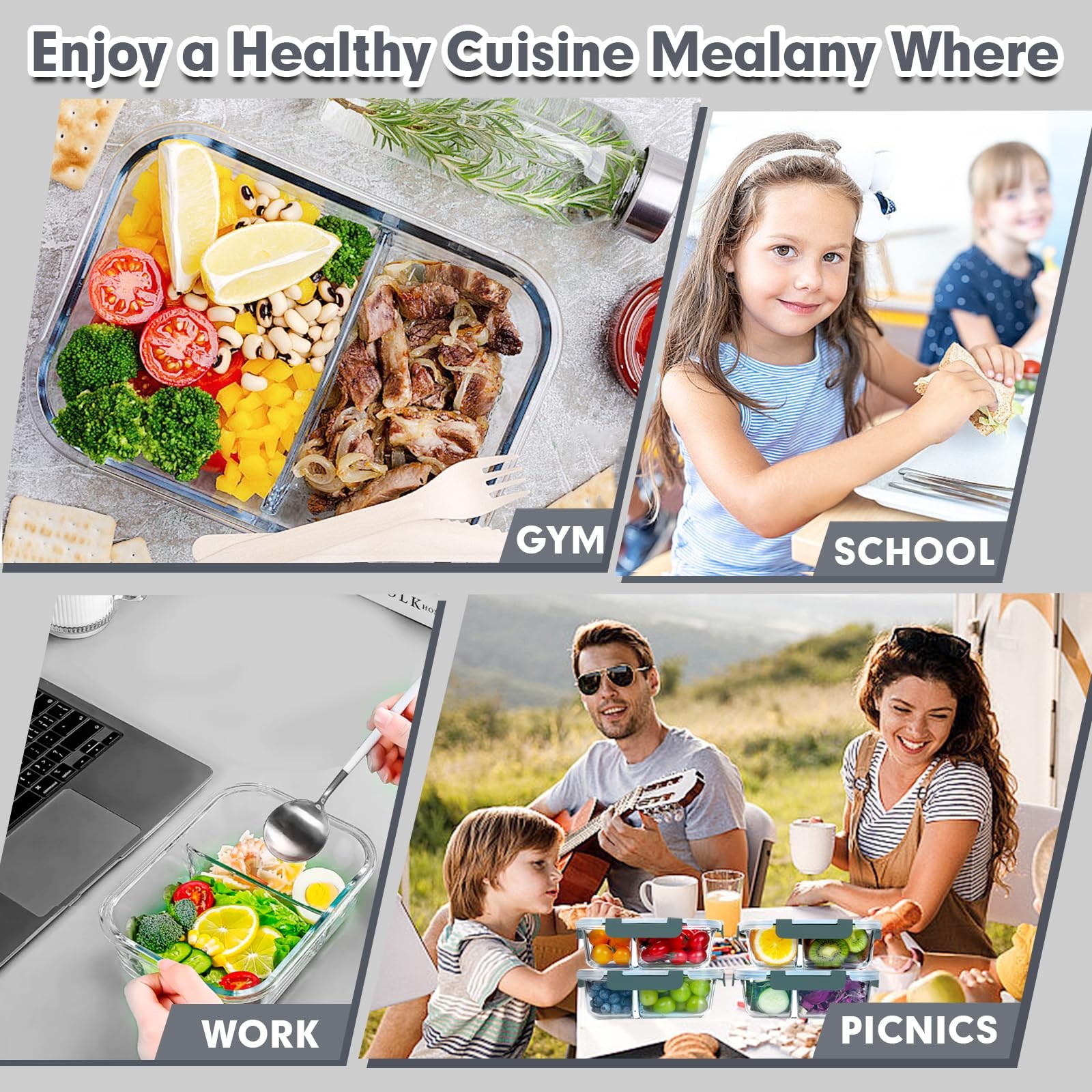 5 Pack Glass Meal Prep Containers 2 Compartment Set, 36OZ Airtight Glass Lunc…