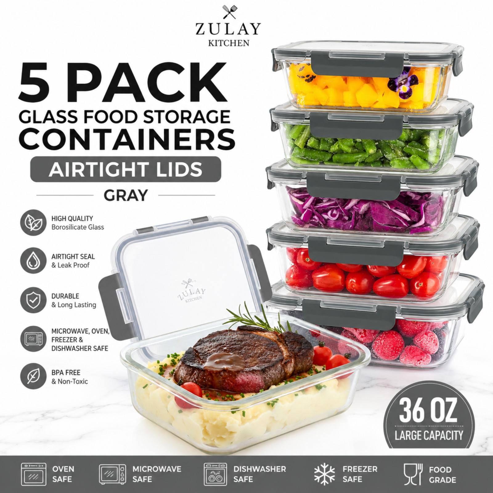Zulay Kitchen Glass Meal Prep Containers 5 Pack Airtight Lids BPA Free Gray