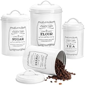 Set of 4 Kitchen Canisters with Airtight Lids, Coffee Tea Sugar Flour Tin Jars