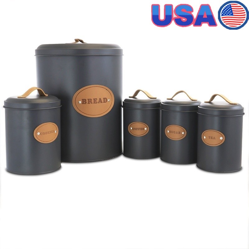 5 Piece Kitchen Food Storage Canister Set Metal Containers Bamboo Lids New
