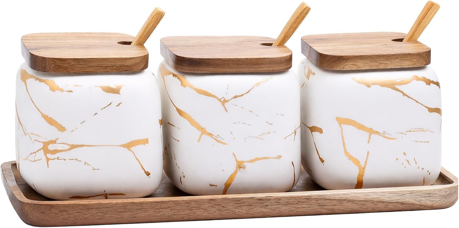 3 Pcs Sugar Bowls Ceramic Coffee Jar Set Ceramic Seasoning Jar with Lid Spoon