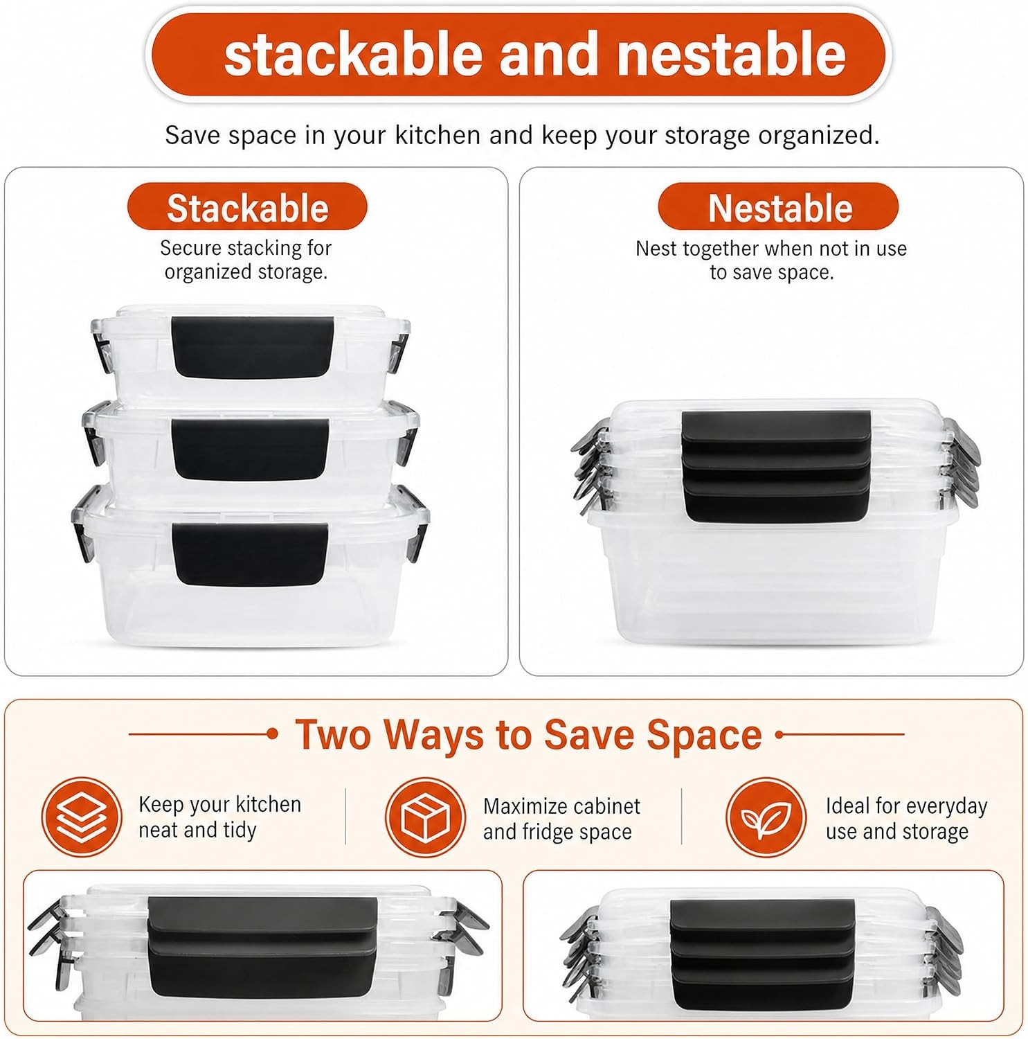 5cup Plastic Food Storage Containers With Lids For Lunch Meal Prep,5pk