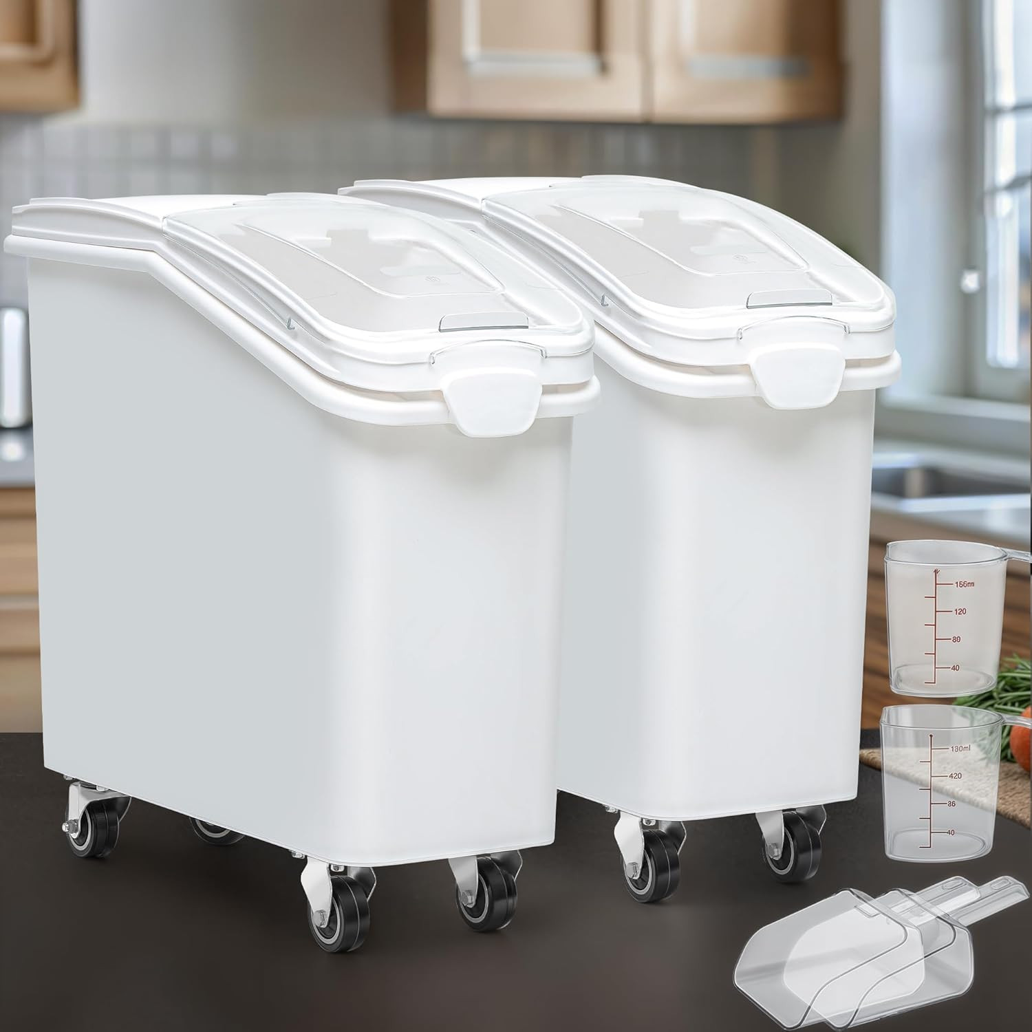 21-Gallon Food Storage Containers with Wheels & Scoop – 2 Pack, White