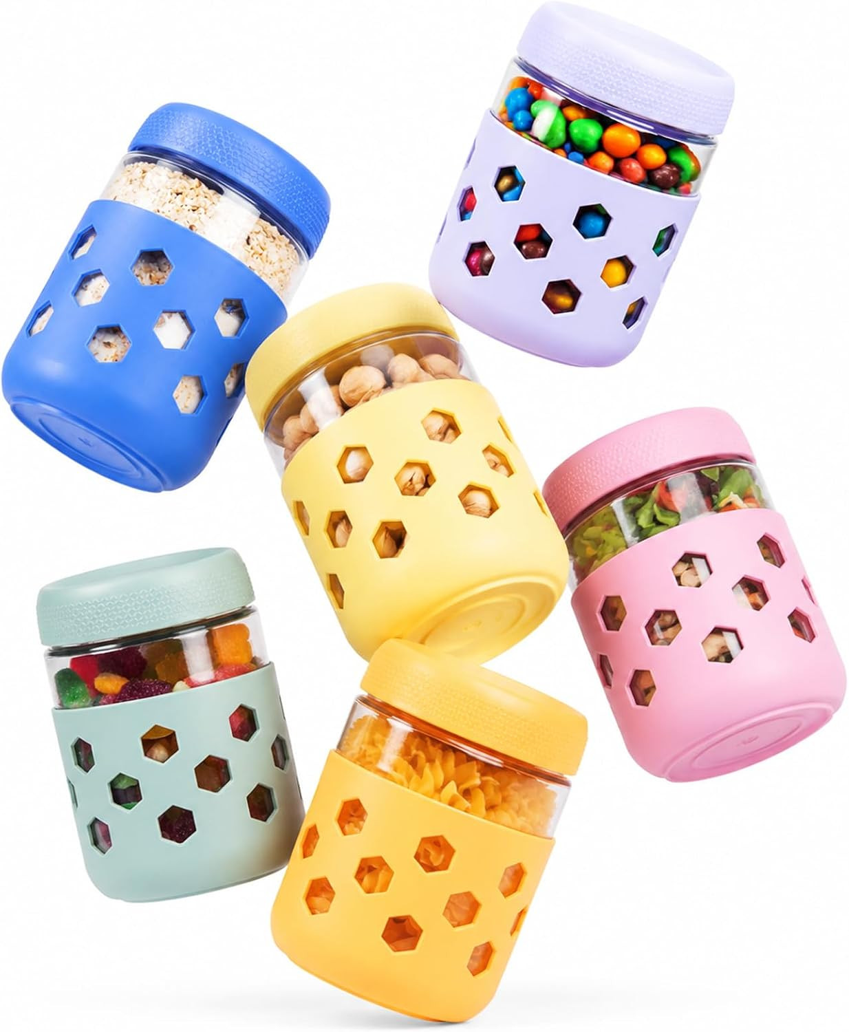 Gemice 6-Pack 16 oz Overnight Oats Containers with Lids and Silicone Sleeves, Gl