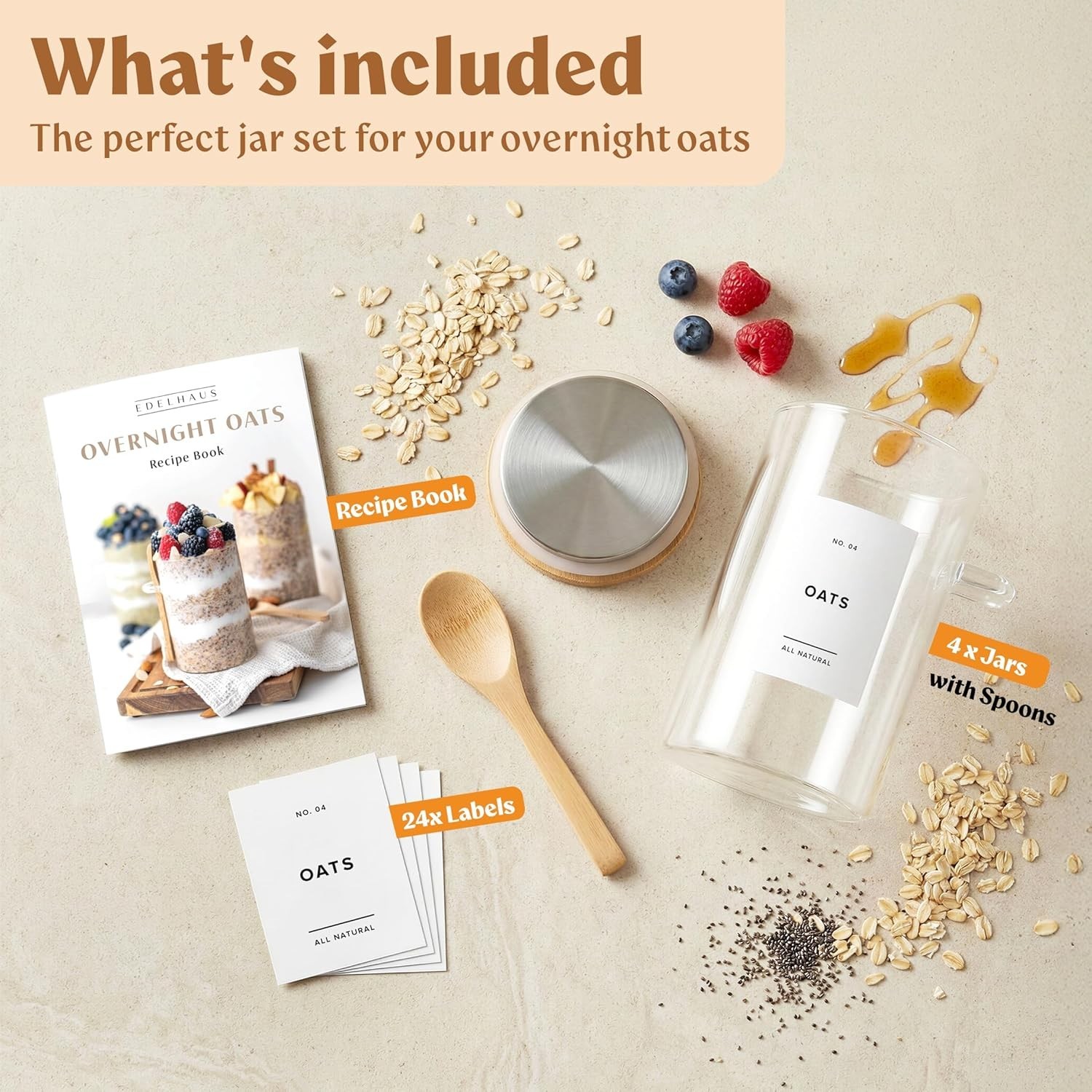 Overnight Oats Containers with Lids, Labels & Spoons 4 x 16oz Glass Jars for …