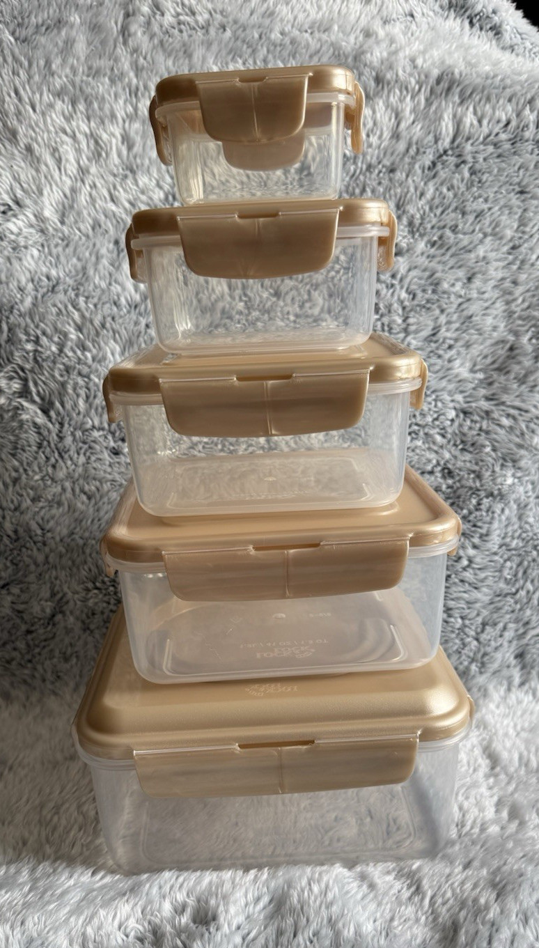 Lock n Lock 5 pc Square Nestable with Handle Lid GOLD Golden Sand NEW