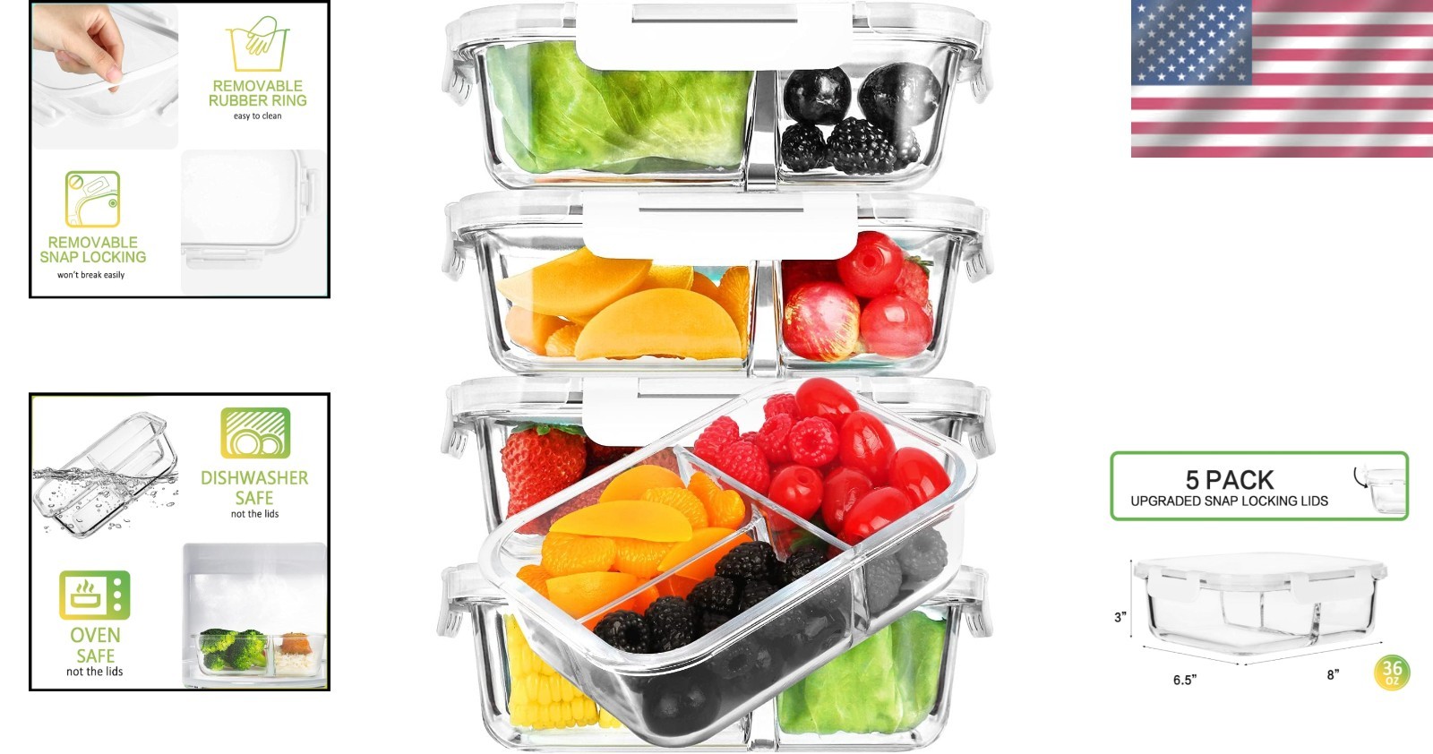 Glass Meal Prep Containers, 3 Compartment, 5-Pack