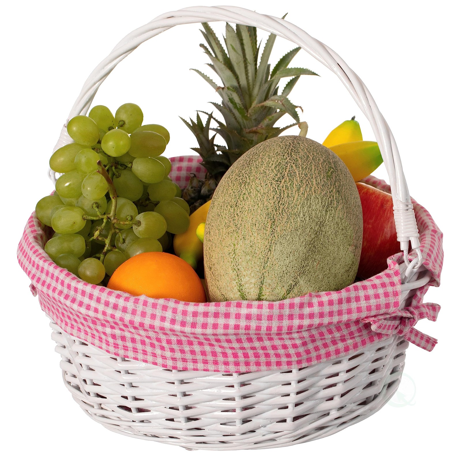 Traditional White Round Willow Gift Basket with Pink and White Gingham Liner …