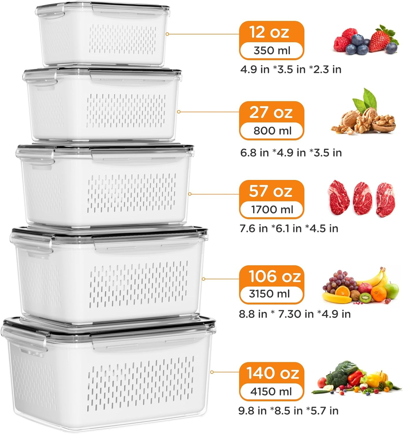 5-Pack Fruit Storage Containers for Fridge with Removable Colanders, 4 in 1 Prod