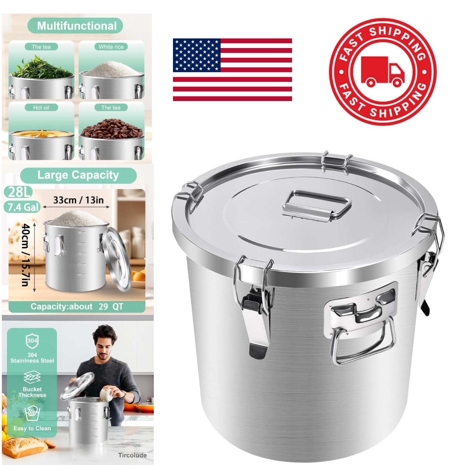 28L Airtight Stainless Steel Canister with Handle for Food Storage and Liquids