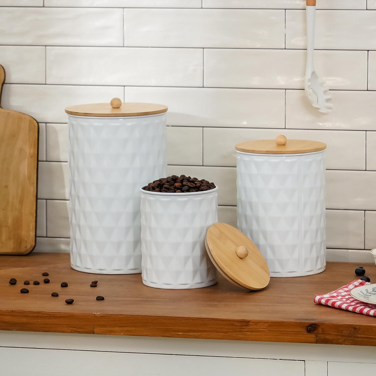 Kitchen Canister Set of 3 Tea Coffee Sugar Containers with Airtight Bamboo Lids