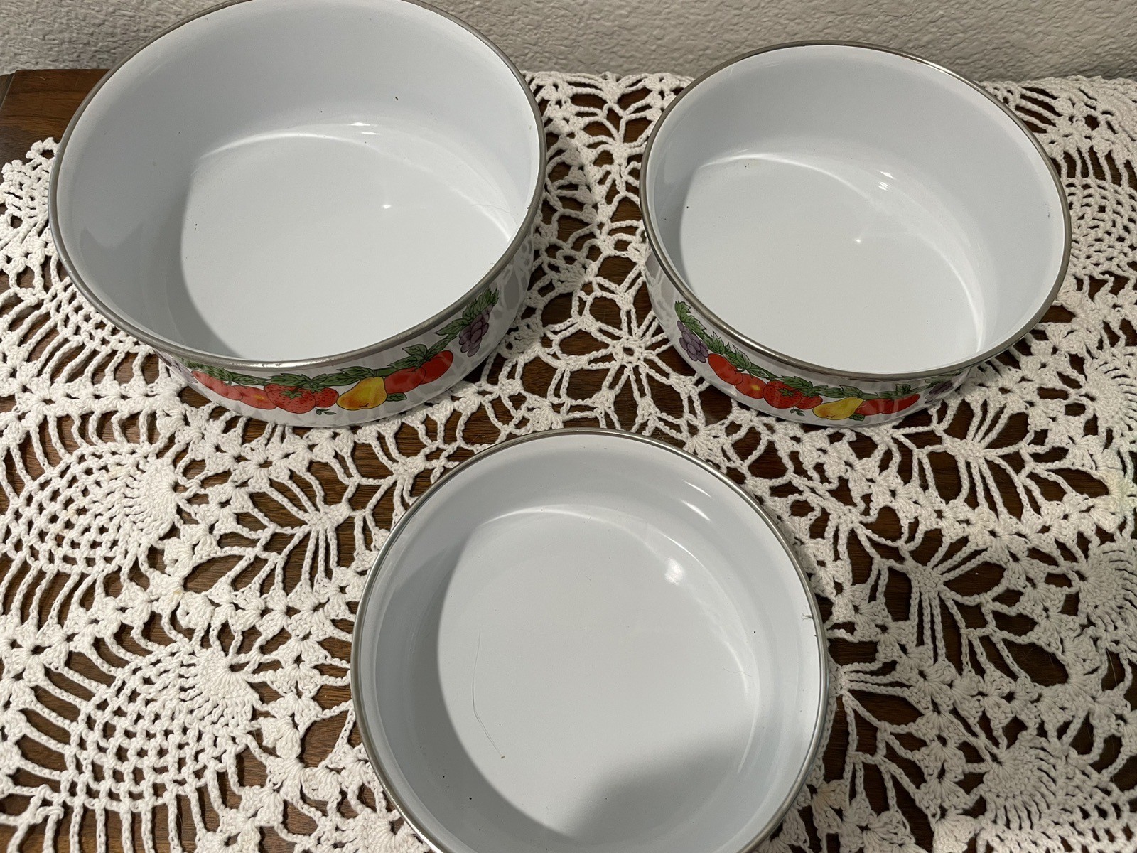 Set of 3 Vintage Aluminum Food Storage Bowls with Fruit Design and 2 Green Lids