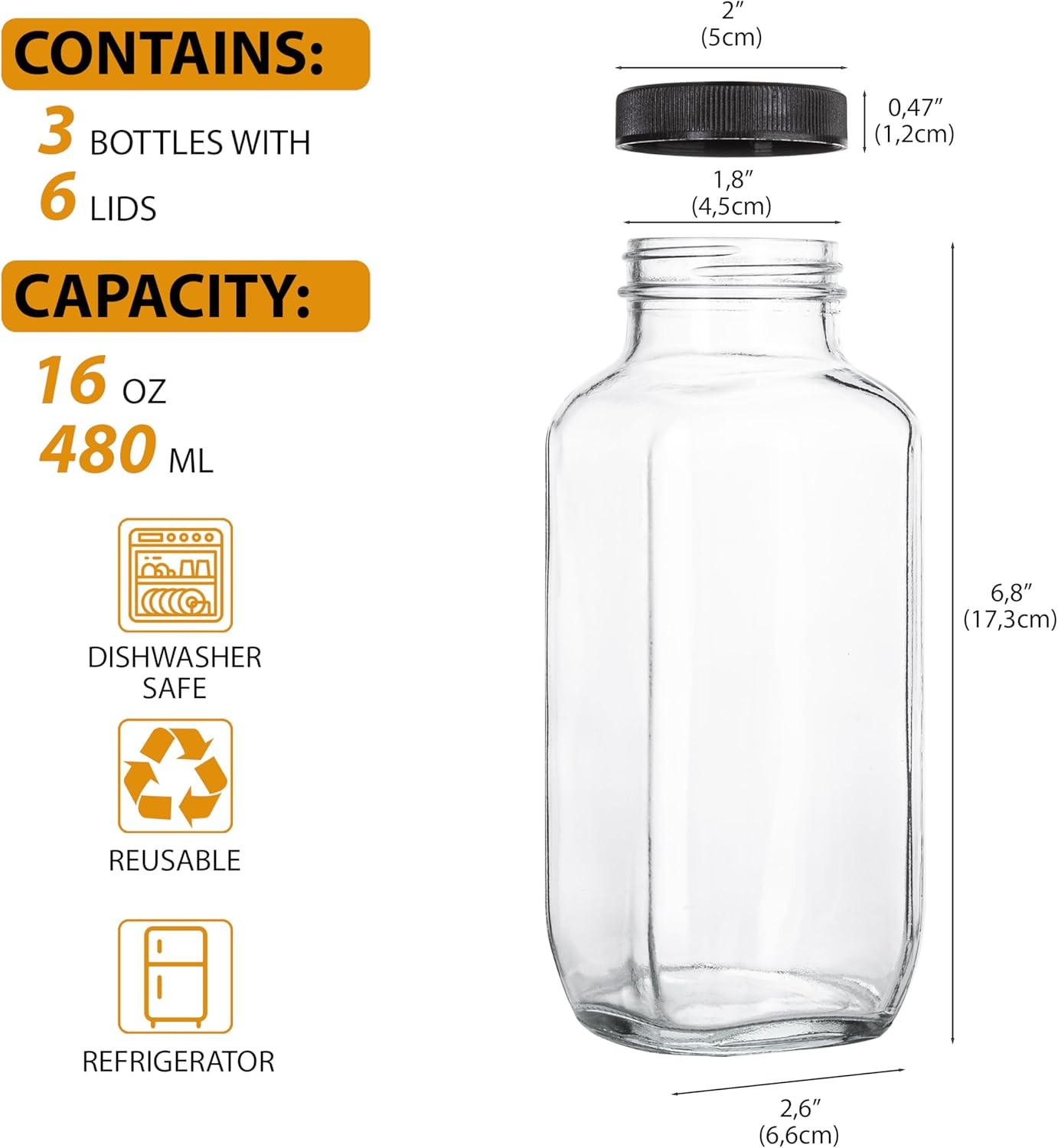 Juice Bottles with Lids, 16 Oz, Set of 3 | Clear Glass Jars with Caps, Reusable