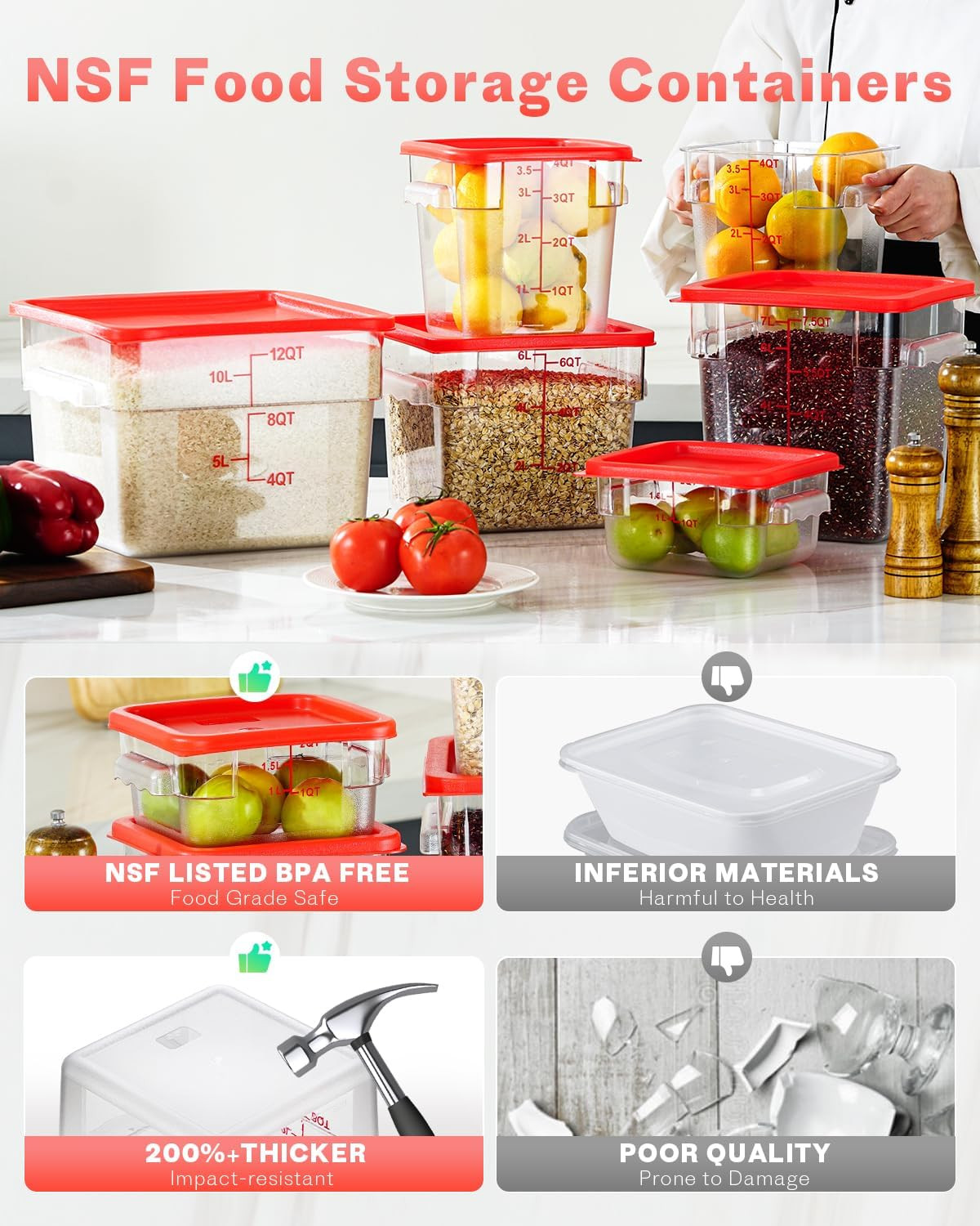 4QT NSF Food Storage Containers: 8 PCS [Food Grade][Hot&Cold Resistant] Commerci