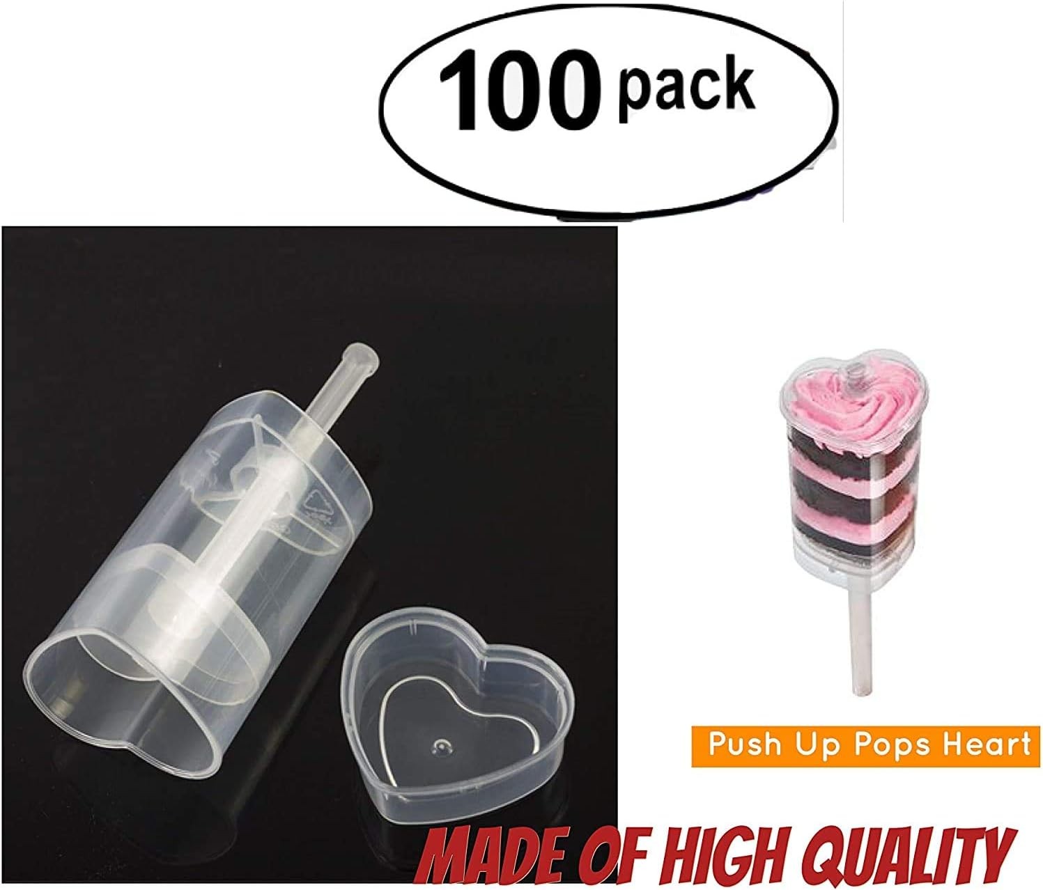 Pack of 100 Martellato Push Pop Containers, Push Up Pops Heart Martellato Cake