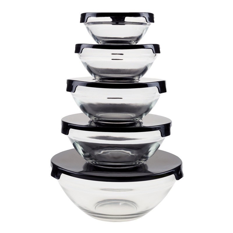 Glass Food Storage Containers Snap Lids 5Piece Set Multi Size Nesting Bowls