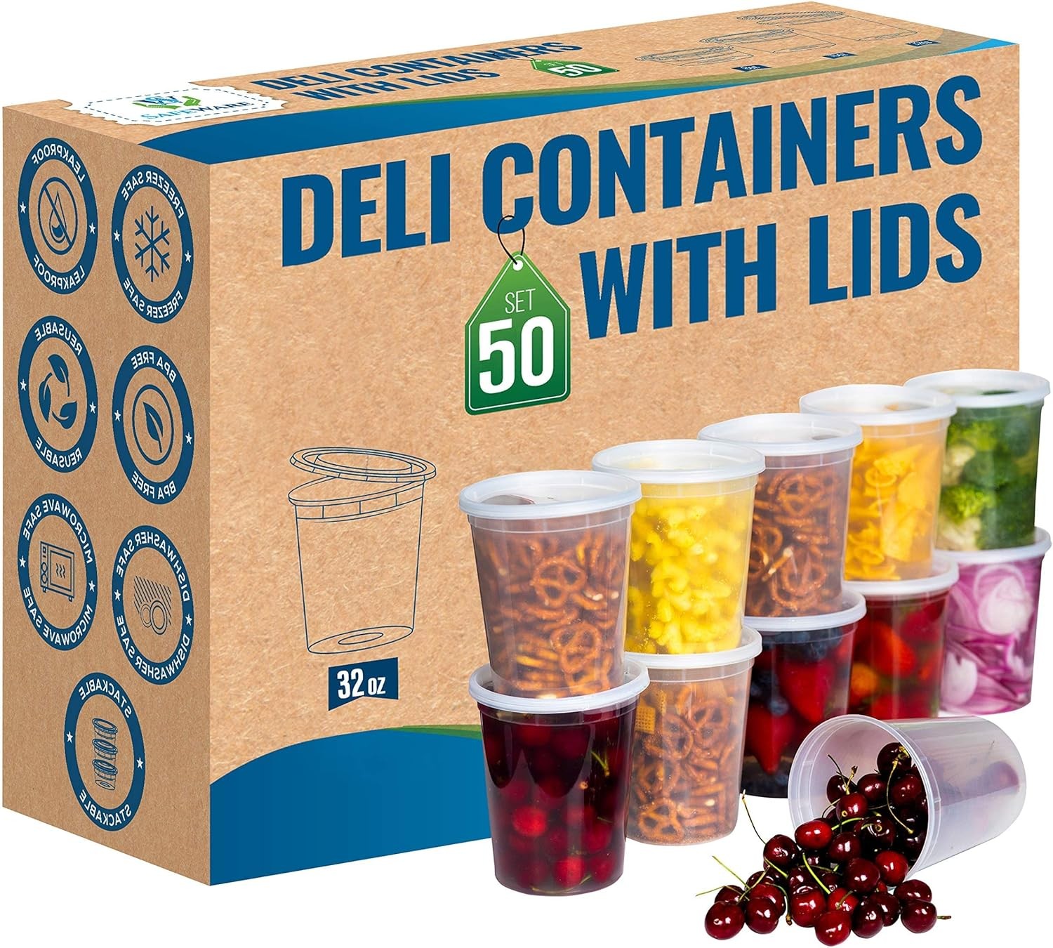 32oz [50 Sets] Deli Plastic Food Storage Containers with Airtight Lids