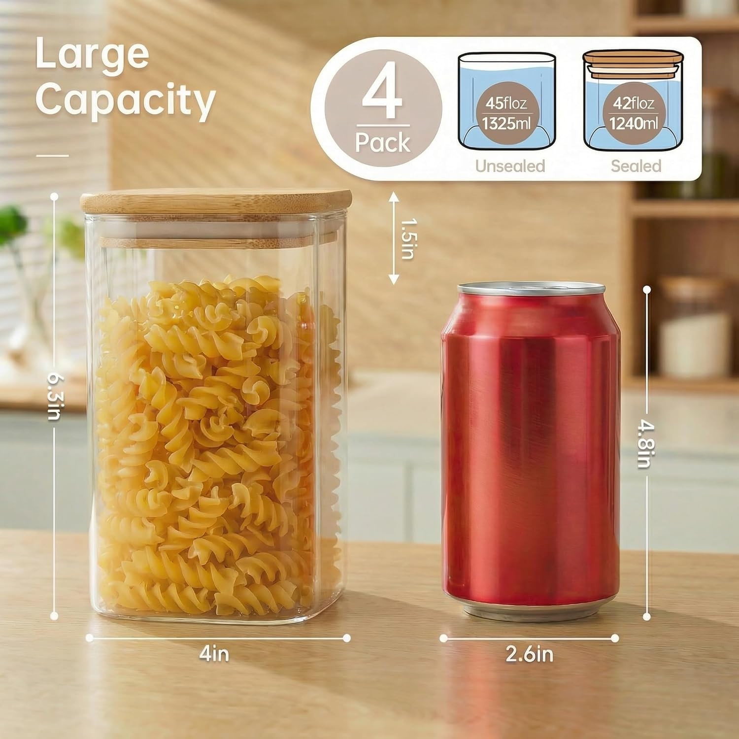 42oz – 4 Pack Square Glass Jars with Bamboo Lids, Glass Food Storage Containers