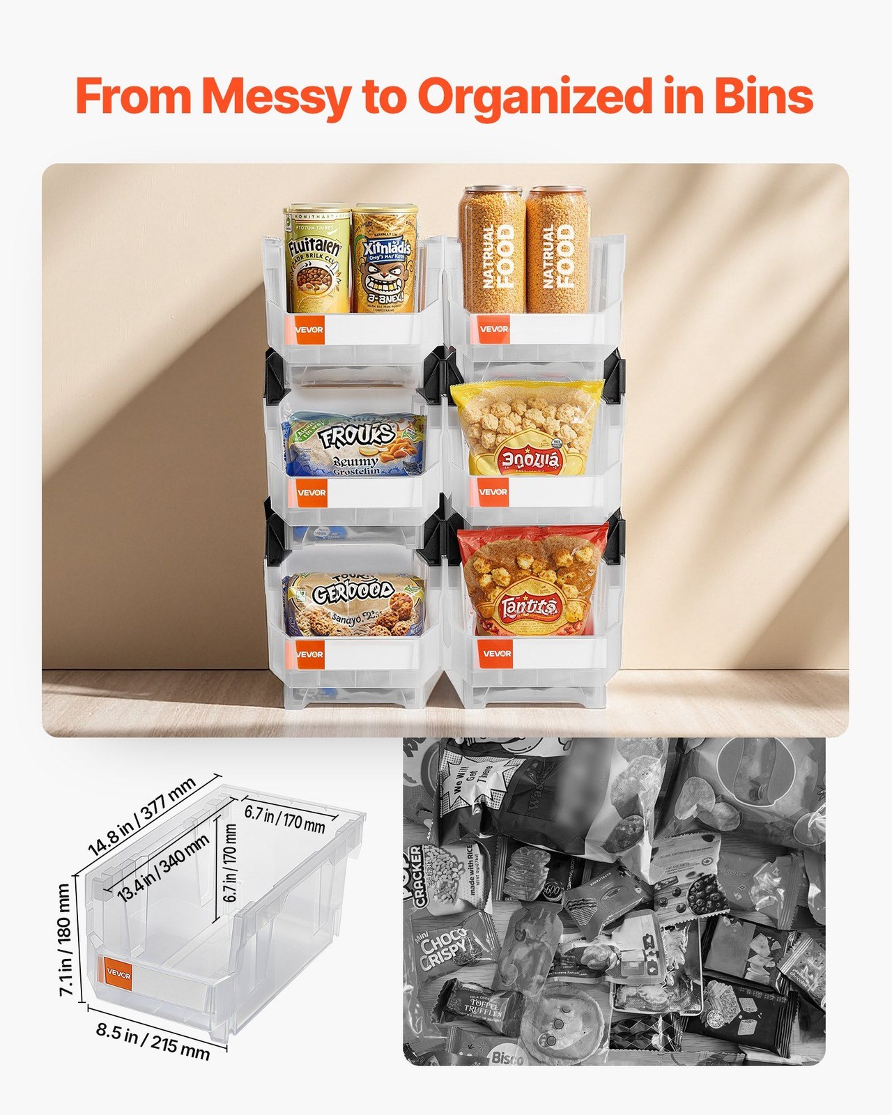 6-Pack Stackable 14.8×8.5×7.1in Transparent Plastic Storage Bin Organizer