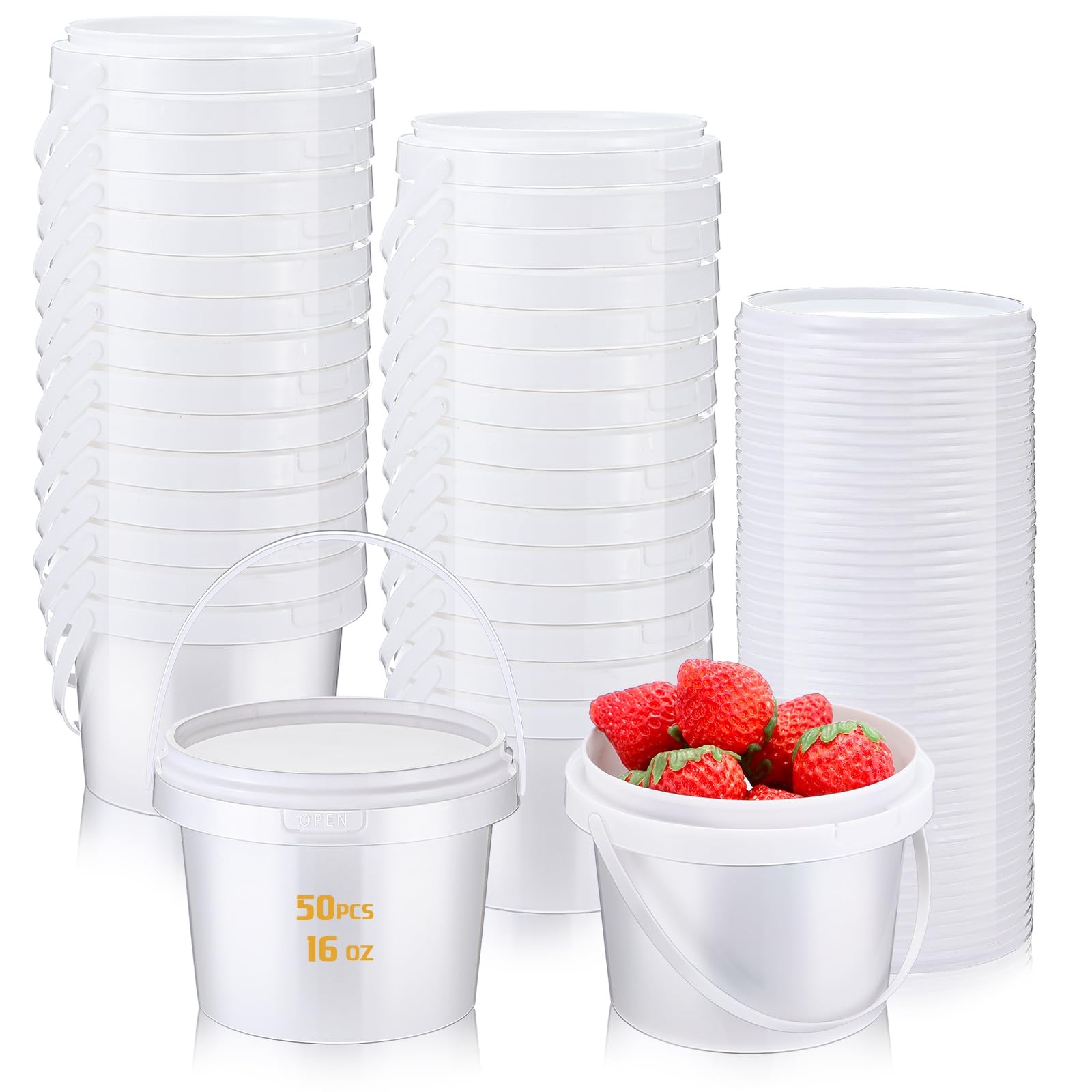 50 Pcs 16 oz Round Plastic Bucket with Lids and Handle Reusable Ice Cream Con…