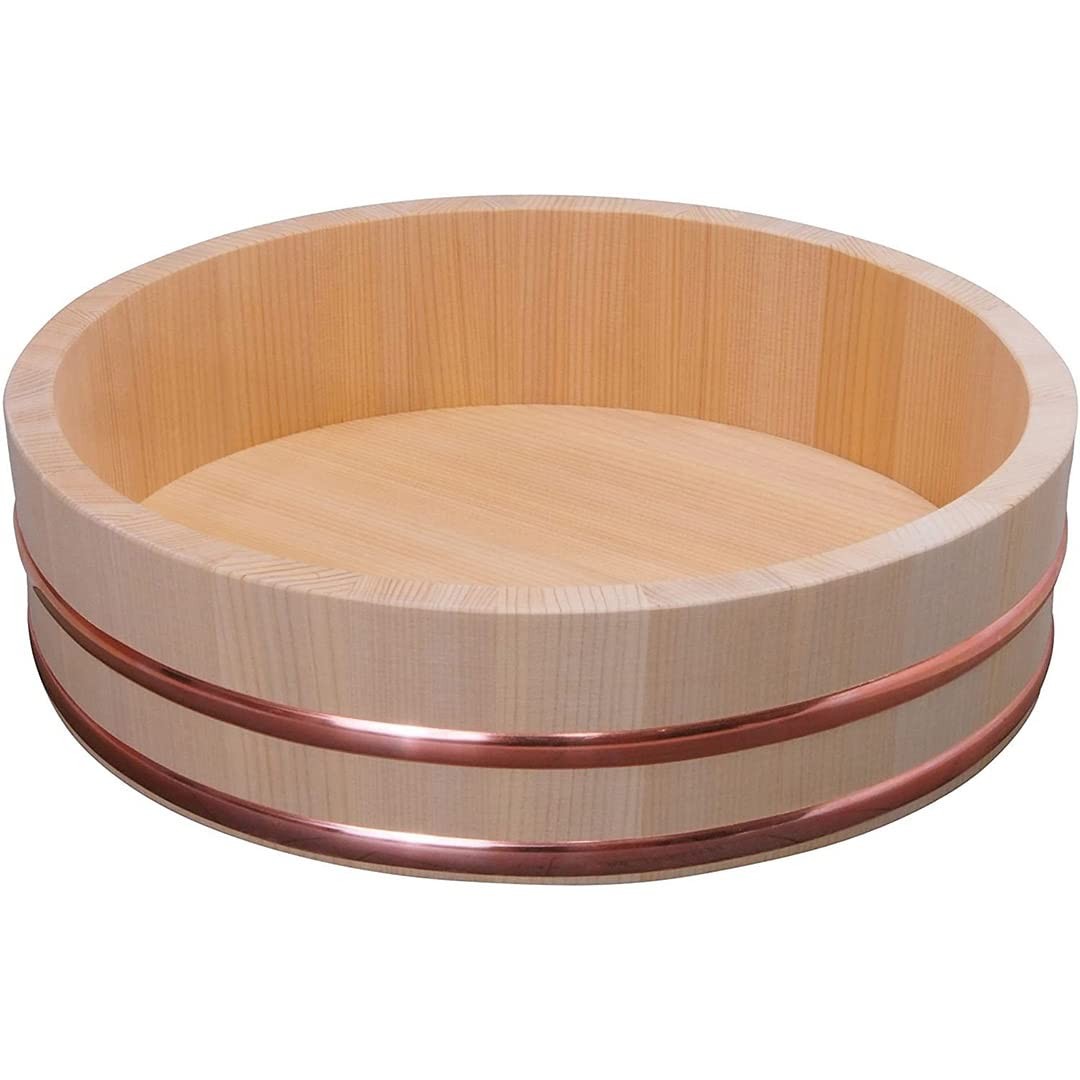 Tikusan Wooden Hangiri Sushi Rice Mixing Tub Copper Band Made in Japan Sushi Ric